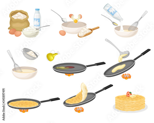 Process of Cooking Pancakes Step by Step with Ingredients Vector Set