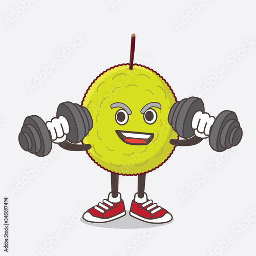 Entawak Fruit cartoon mascot character on fitness exercise trying barbells