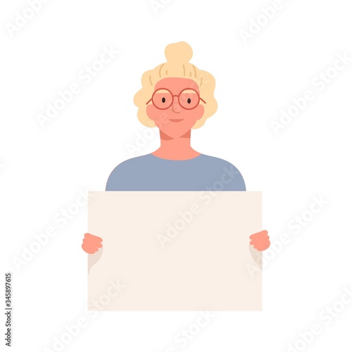 Woman in glasses carrying empty placard with place for text vector flat illustration. Smiling young female holding clean banner isolated on white background. Teen lady demonstrating poster