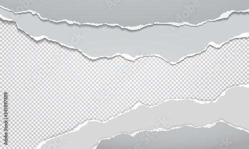 Torn, ripped pieces of white paper with soft shadow are on squared background for text. Vector illustration