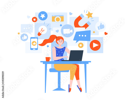 Young female blogger is working on a laptop at home. Communication and activity on the Internet and social networks. Freelancer does business online. Mobile application, service with posts 