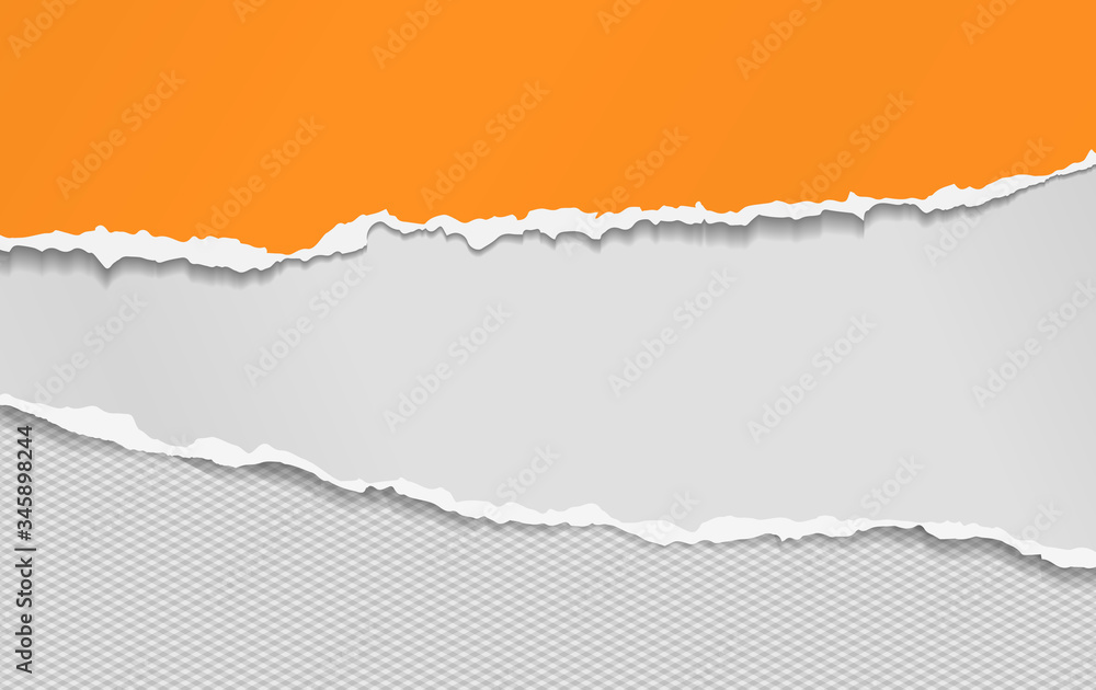 Torn, ripped pieces of horizontal orange and white paper with soft shadow are on grey squared background for text. Vector illustration Torn, ripped pieces of horizontal orange and white paper with soft shadow are on grey squared background for text. Vector illustration