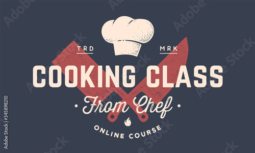 Food logo. Logo for Cooking school class with icon butcher knives, cleaver knife, chef knife, text typography Coocking Class from Chef. Graphic logo template for cooking course. Vector Illustration
