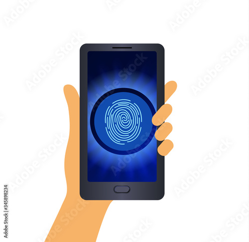 A human hand is holding a smartphone on white background. There s a fingerprint button on the screen. Vector illustration.