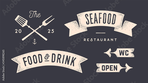 Vintage graphic set. Set of vintage banner, ribbon, cutting knive, text, old school graphic elements, food tools. Design elements for restaurant, bar, cafe, food shop and market. Vector Illustration