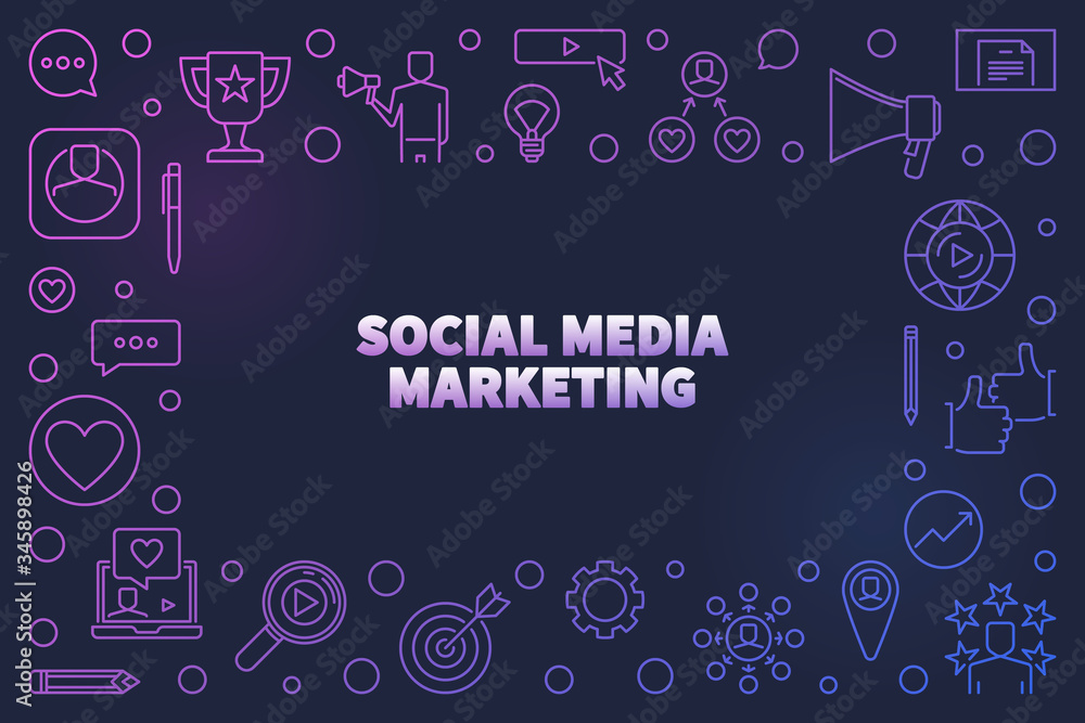 Social Media Marketing vector colored concept linear illustration or frame on dark background