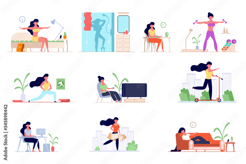 set of daily routine woman. Awakening in the morning, morning exercises, bathing in the shower, breakfast , office work, shopping, watching TV, skateboarding, sleeping. Vector graphics in flat style. set of daily routine woman. Awakening in the morning, morning exercises, bathing in the shower, breakfast , office work, shopping, watching TV, skateboarding, sleeping. Vector graphics in flat style.