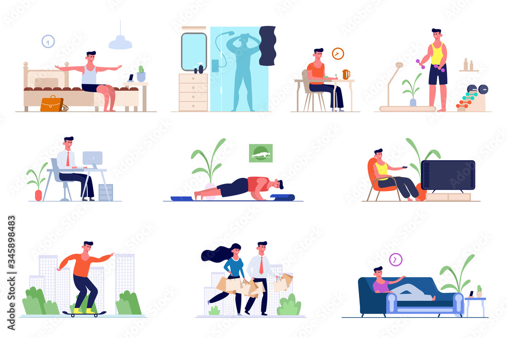 A set of daily routine men. Awakening in the morning, morning exercises, bathing in the shower, breakfast , office work, shopping, watching TV, skateboarding, sleeping. Vector graphics in flat style. A set of daily routine men. Awakening in the morning, morning exercises, bathing in the shower, breakfast , office work, shopping, watching TV, skateboarding, sleeping. Vector graphics in flat style.