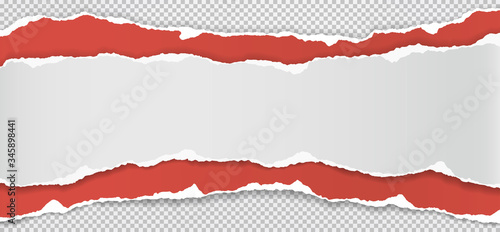 Torn, ripped pieces of horizontal white and red paper with soft shadow are on squared grey background for text. Vector illustration