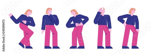 Female cyclic pain. Illustration painful menstruation gynecological problems cramps in abdomen, vector stomach pain, blood secretions, suffering from menopause clipart.
