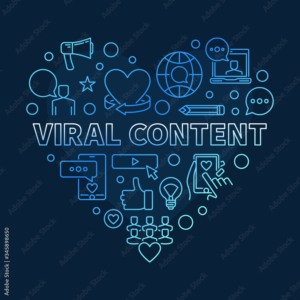 Viral Content Heart vector blue concept linear illustration on dark background