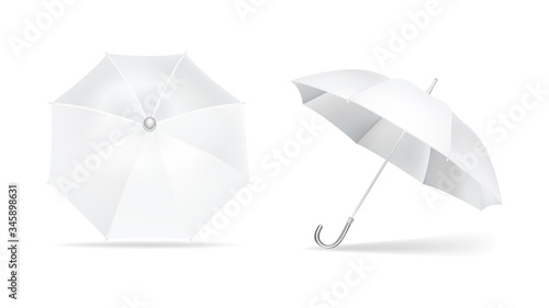 Umbrella white mockup. Brand parasol round with polished handle from sun rain top and side view, seasonal protective fabric symbol protection any weather. Vector mockup isolated on white.