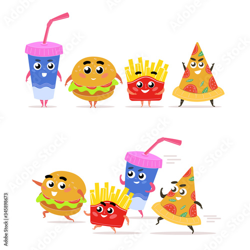 Funny fast food character. Happy hamburger with salad french fries slice pepperoni pizza glass of soda running colorful cheerful fast food, comic quick lunch design. Cartoon vector graphics.