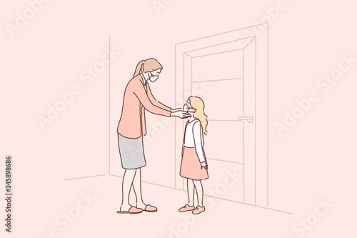 Healthcare, quarantine, protection, coronavirus infection concept. Cartoon characters mother putting medical face mask on kid child daughter face. Covid19 desease prevention and 2019ncov biohazard.