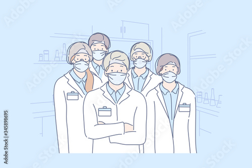 Healthcare, medicine, infection, coronavirus, protection concept. Group or team of men and women doctors colleagues with medical face masks illustration. 2019ncov biohazard. Covid19 desease danger.