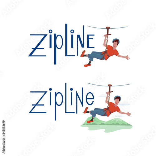 Vector set of two options for Zipline logo with illustration. Cheerful man in cartoon style is descending on a rope.