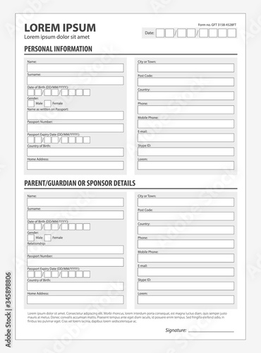 Standard clean application form. Document template admission of a foreigner traveling abroad, application vector for filling out passports, immigrant visas.