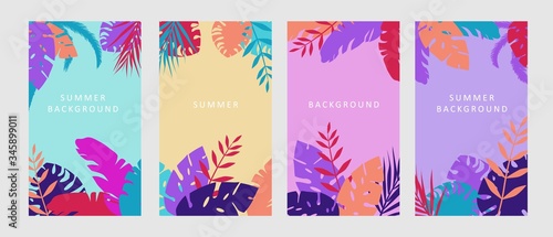 Colorful banners in summer style. Saturated colored background tropical plants illustration vector morning turquoise, day yellow, evening dark pink and clipart purple night.