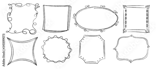 Doodle frames silhouette ornament. Collection decorative frames round, square, polygonal of different trendy geometric vector shapes pencil sketch style.