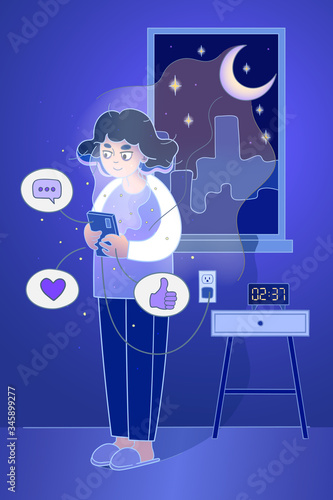 Main cause of insomnia in XXI era. Exhausted girl with bags under eyes surfing web at night, ignoring digital hygiene. Social media addiction, Internet addiction disorder vector illustration