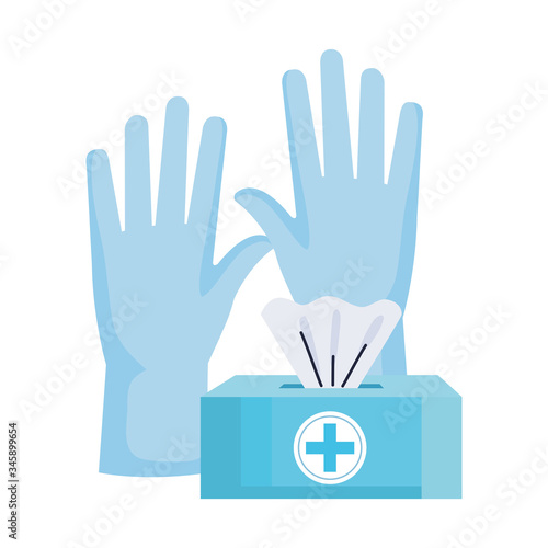 damp cloths pack with rubber gloves vector illustration design