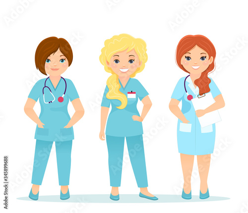 Set of vector nurse characters. Cartoon illustratoin.