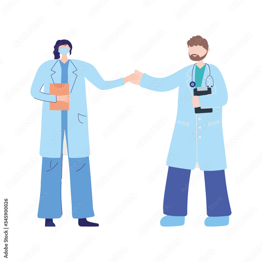 thanks doctors nurses, physicians female and male with mask and report medical thanks doctors nurses, physicians female and male with mask and report medical