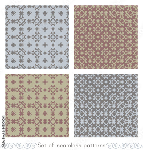 Set of seamless patterns with little hearts. Color light blue, light green, grey and burgundy red . Vector.