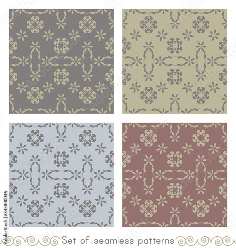 Set of seamless patterns with little hearts. Color light blue, light green, grey and burgundy red . Vector.