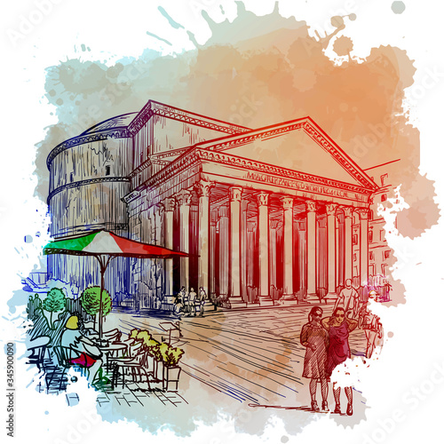 Pantheon Basilica in Rome, Italy. Vintage design. Linear sketch on a watercolor textured background. EPS10 vector illustration