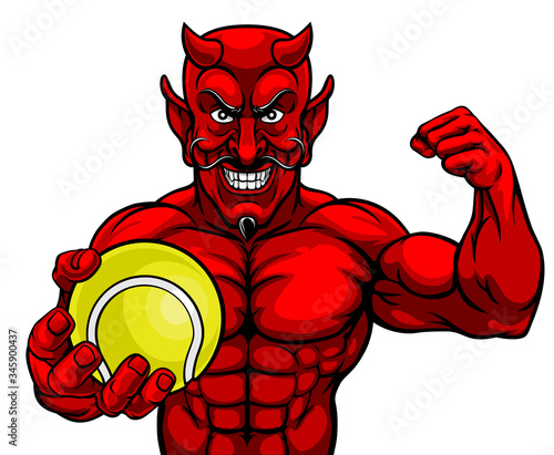 A devil Satan tennis sports mascot cartoon character man holding a ball