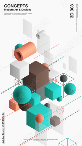 Vector abstract 3D visualization background, template modern composition of geometric shapes in isometric . Cube, sphere, cylinder, line.