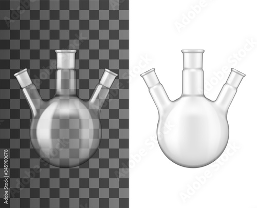 Glass flask, chemical laboratory glassware beaker, vector 3D realistic mockup. Three necks glass vial or round vial test, chemistry research jar, empty isolated on transparent background