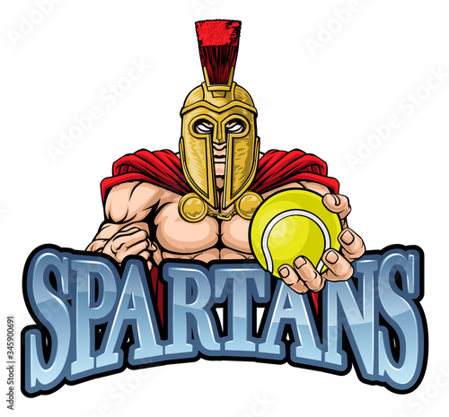 A Spartan or Trojan warrior Tennis sports mascot holding a ball
