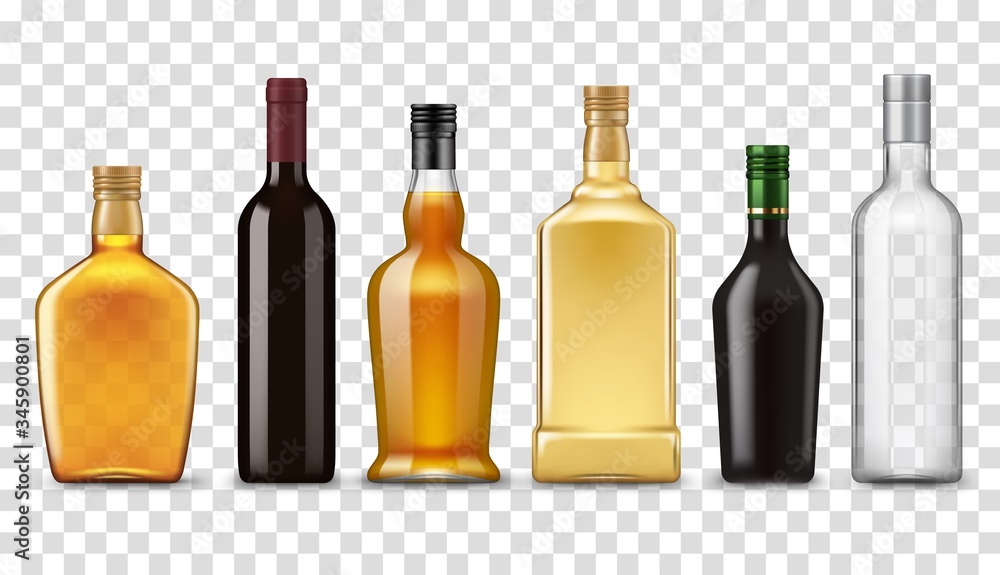 Vetor de Alcohol realistic drink bottles, vector isolated 3D mockup objects. Premium quality
