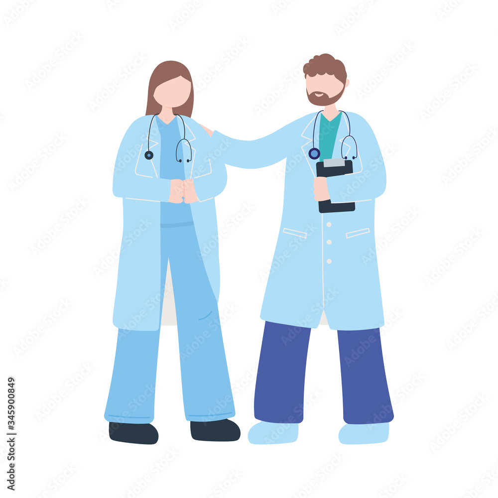 thanks, doctors, nurses, physician female and male with characters thanks, doctors, nurses, physician female and male with characters
