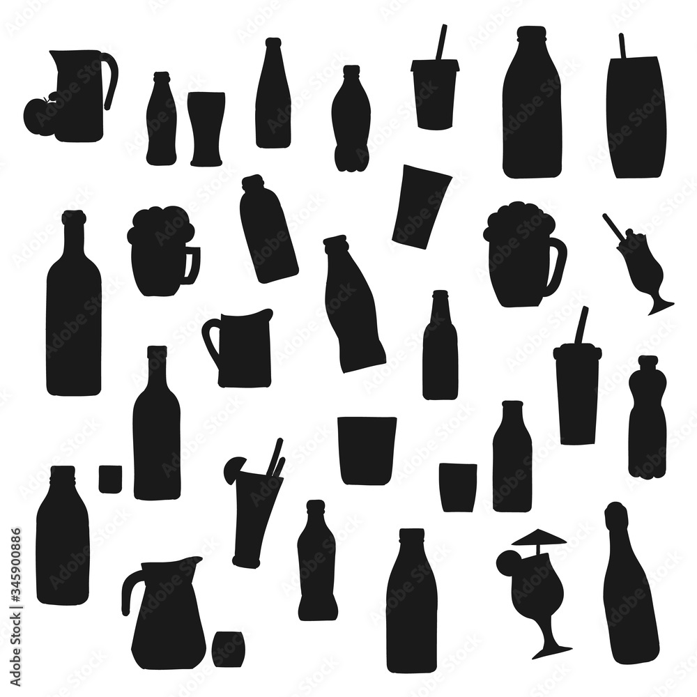 Alcohol and soft drink bottle vector silhouette icons. Bottles and cocktail glasses, fruit juice pitcher, soda cup with drinking straw, smoothie and milkshake, champagne and wine bottle silhouettes Alcohol and soft drink bottle vector silhouette icons. Bottles and cocktail glasses, fruit juice pitcher, soda cup with drinking straw, smoothie and milkshake, champagne and wine bottle silhouettes