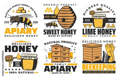 Apiary, honey and beekeeping farm vector icons. Family apiary and beekeeper labels, beehive honeycomb and honey splash, wooden barrel and glass jar