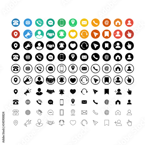 Big set of communication icons. Phone, mobile phone, retro phone, location, mail and web site symbols on isolated background for applications, web, app. EPS 10 vector.