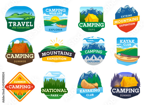 Camping, hiking and travel summer outdoor adventure, vector camp icons. Mountaineering and mountain trekking, eco tourism and travel expedition, national park and kayaking sport emblems