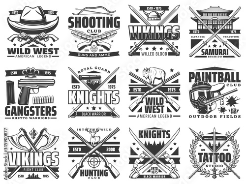 Guns, battle weapon and hunting ammo vector icons. Wild West revolver guns, tattoo studio spear sign and paintball club, Viking swords and samurai katana, gangsters guns, crossbow and spear