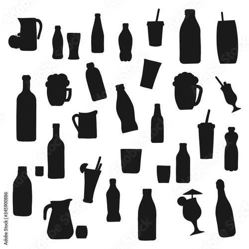Alcohol and soft drink bottle vector silhouette icons. Bottles and cocktail glasses  fruit juice pitcher  soda cup with drinking straw  smoothie and milkshake  champagne and wine bottle silhouettes
