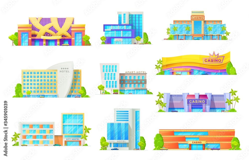 Hotel and casino buildings, vector flat icons. Entertainment and commercial buildings facades with infrastructure, luxury apart-hotel and resort, casino with neon signs, palms and taxi parking