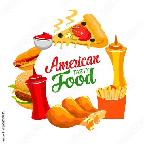 American fastfood takeaway and delivery cheeseburger and hamburger, chicken legs with ketchup and mustard. Fast food pizza, burgers, potato fires and chicken grill, vector restaurant or bistro menu