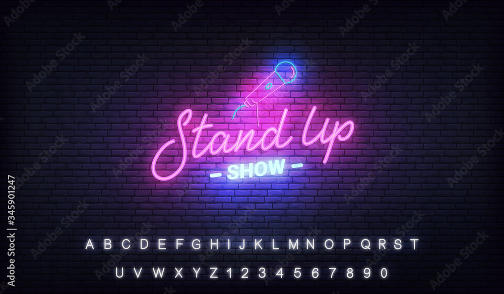 Stand up comedy show neon template. Stand up lettering and glowing neon microphone Stand up comedy show neon template. Stand up lettering and glowing neon microphone