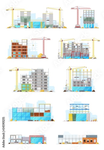 House construction sites, store or warehouse buildings vector icons set. Working cranes put a stone block on construction facade with building materials around. Urban construction industry