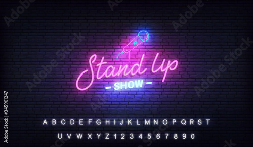 Stand up comedy show neon template. Stand up lettering and glowing neon microphone