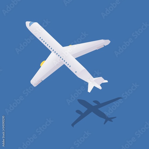 Isometric illustration with airplane during take-off isolated on blue background with shadow on earth