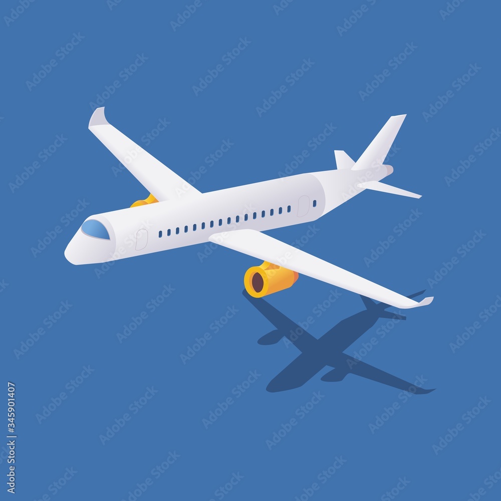 Isometric airplane with shadow during take-off.