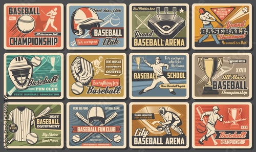 Baseball player and batter with bat, ball at arena. Baseball and softball sport tournament and equipment. Vintage retro sport posters, fan club and championship, cup match